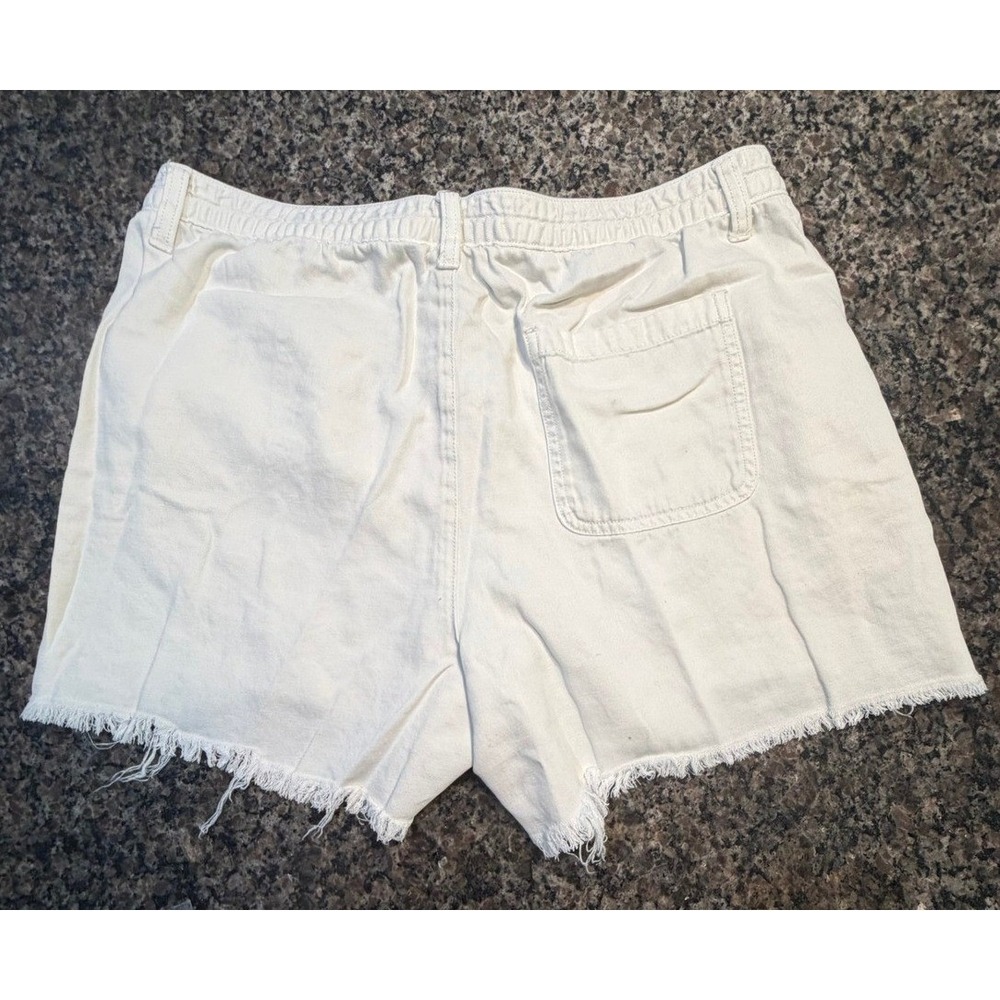 Aerie Womens White Denim Frayed Hem Shorts High Waisted Elastic Back Size Large